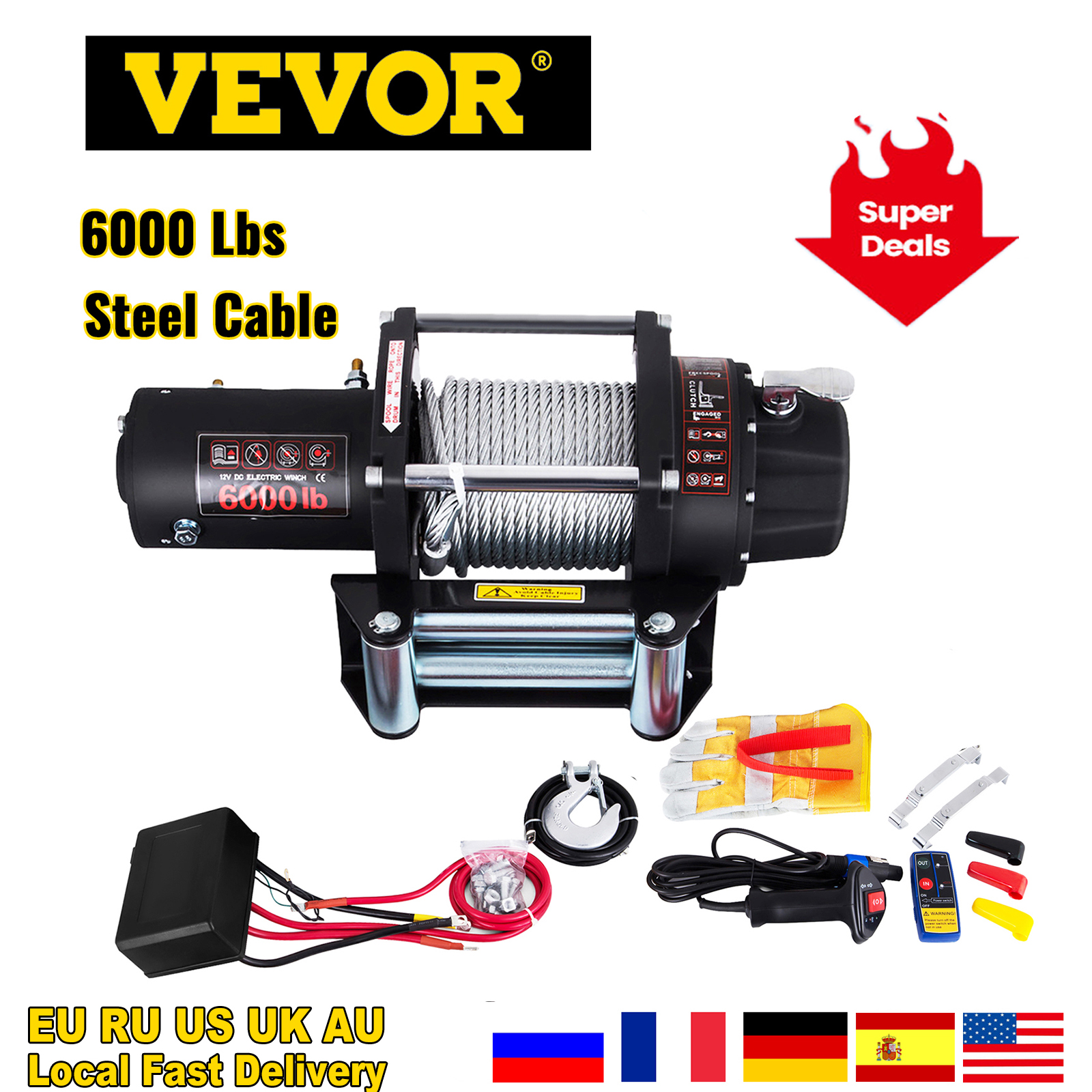 VEVOR 6000LBS 12V Electric Winch for 4X4 13M Steel Cable Car Trailer Ropes  Towing Strap with Wireless Control ATV Truck off Road