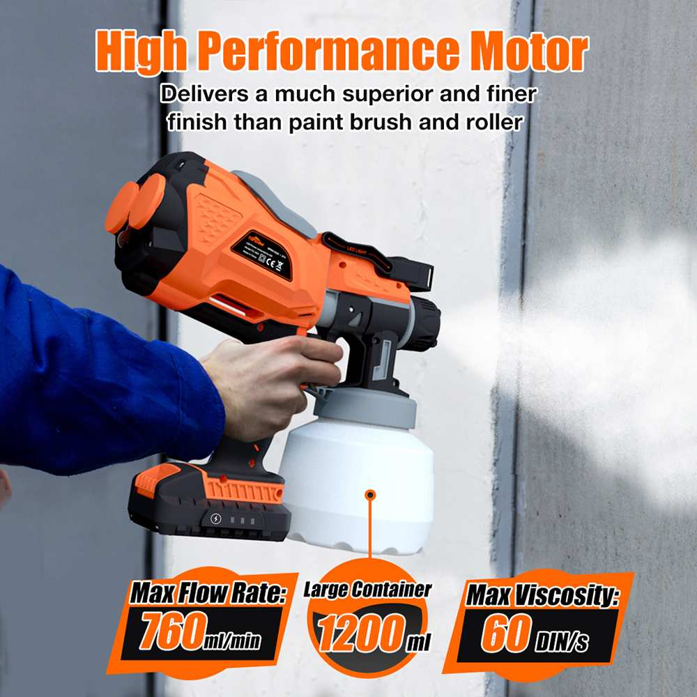 1200ML Cordless Electric Spray Gun W/3 Sizes Copper Nozzle Flow Control Airbrush High Power Paint Sprayer with 2000Mah Lithium