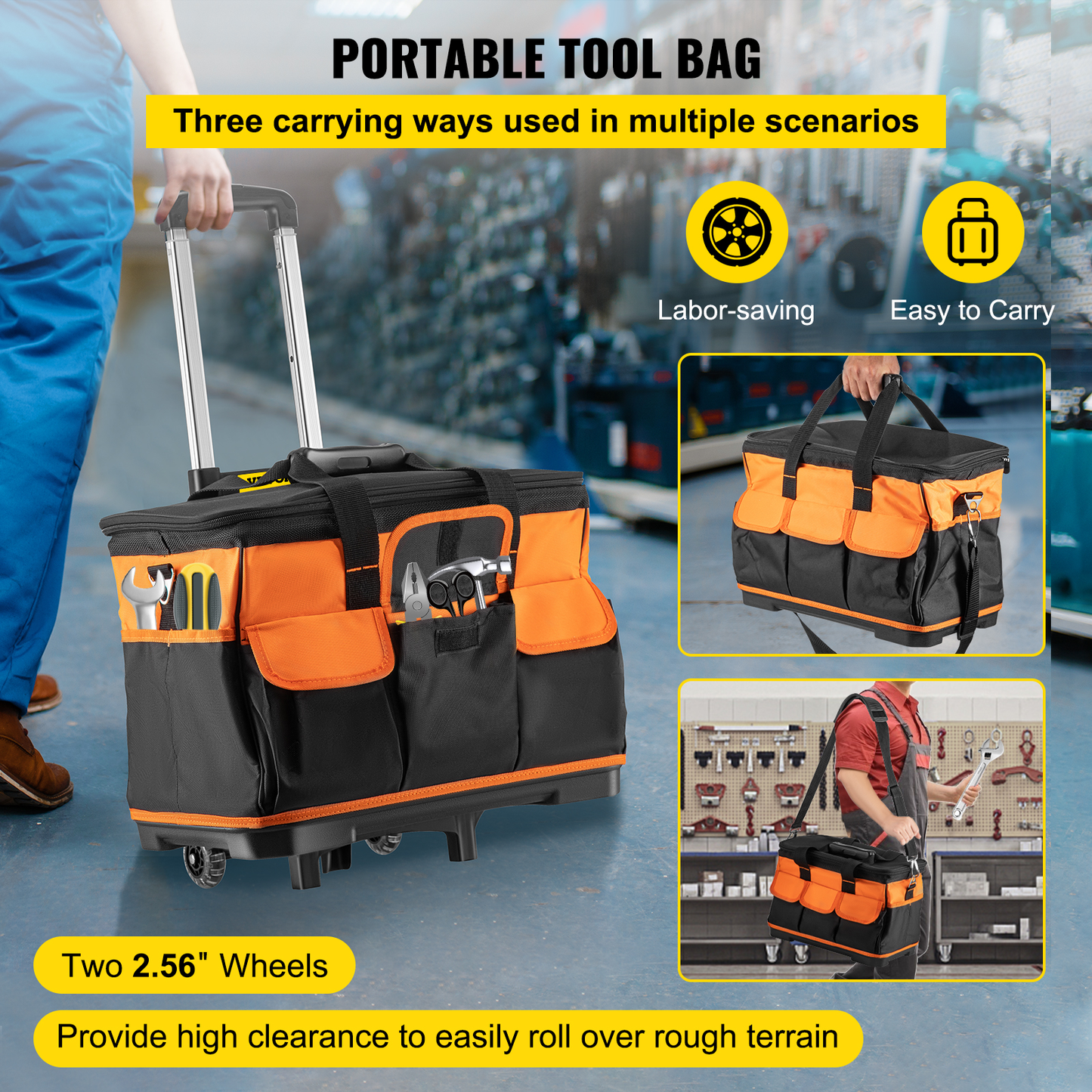 20In Rolling Tool Bag Portable Electrican Repair 17 Pockets Wheeled Folding Large Thick Waterproof Storage Organizer Tote