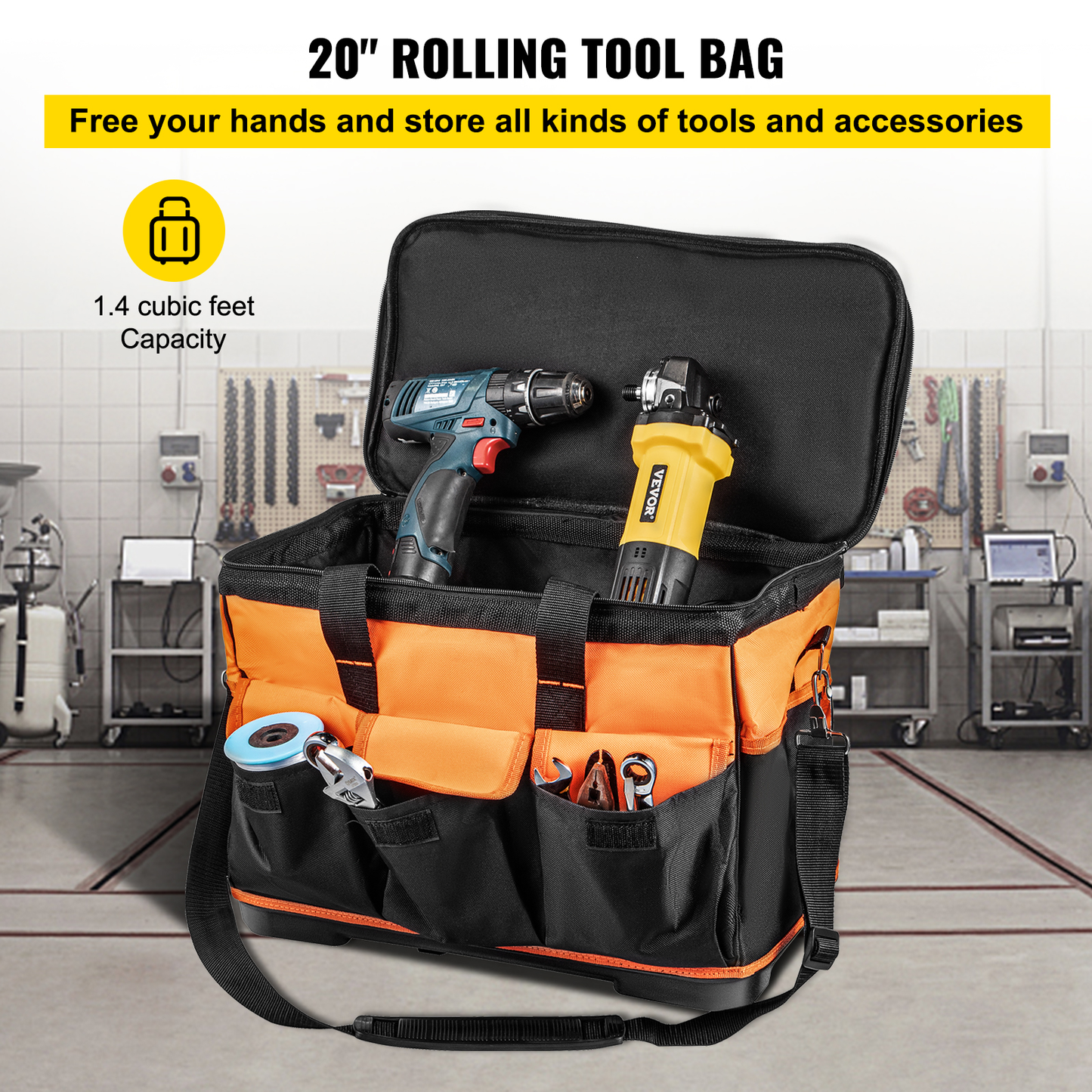 20In Rolling Tool Bag Portable Electrican Repair 17 Pockets Wheeled Folding Large Thick Waterproof Storage Organizer Tote