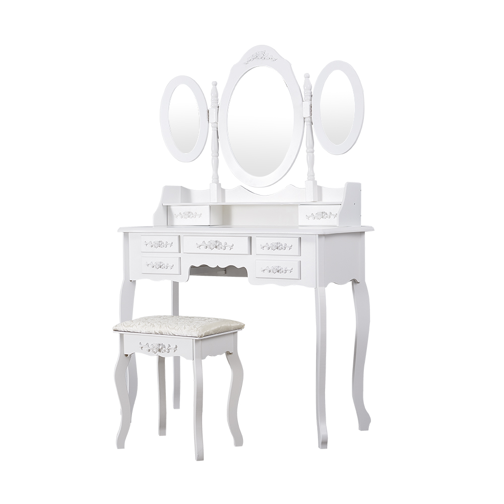 7 Drawers Retro Carved Dressing Table with Stool,Tri-Fold,Adjustable Makeup Mirrors,Europe Style Bedroom Furniture,Fast Shipping
