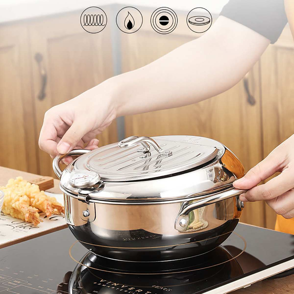 Japanese Style Deep Frying Pot Thermometer Tempura Fryer Pan Temperature Control Fried Chicken Pot Cooking Tools Kitchen Utensil