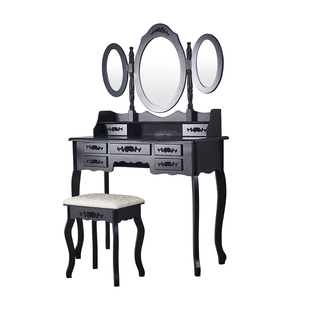7 Drawers Retro Carved Dressing Table with Stool,Tri-Fold,Adjustable Makeup Mirrors,Europe Style Bedroom Furniture,Fast Shipping