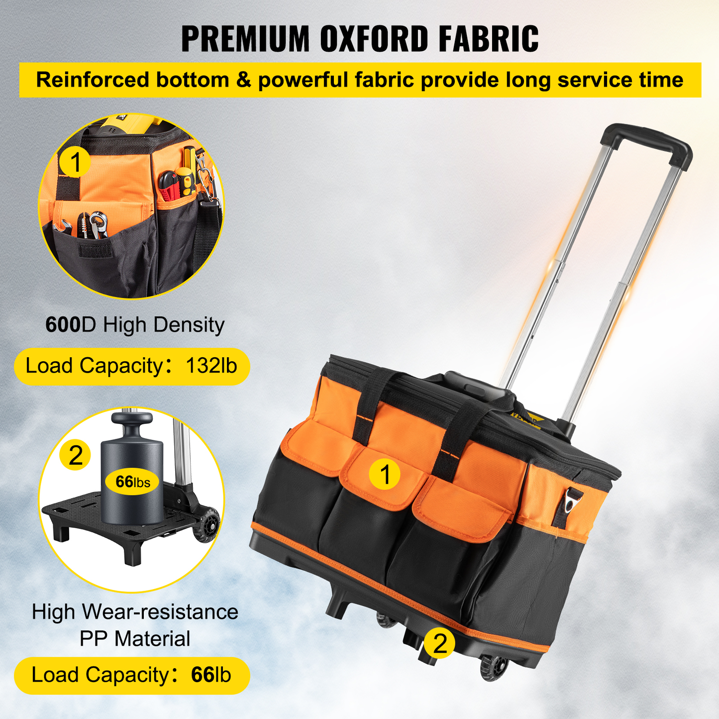 20In Rolling Tool Bag Portable Electrican Repair 17 Pockets Wheeled Folding Large Thick Waterproof Storage Organizer Tote