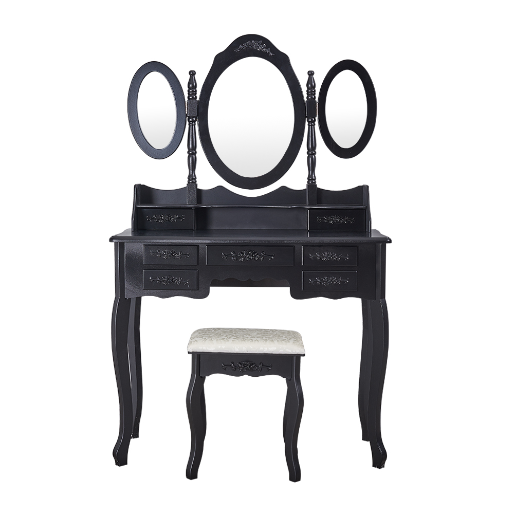 7 Drawers Retro Carved Dressing Table with Stool,Tri-Fold,Adjustable Makeup Mirrors,Europe Style Bedroom Furniture,Fast Shipping