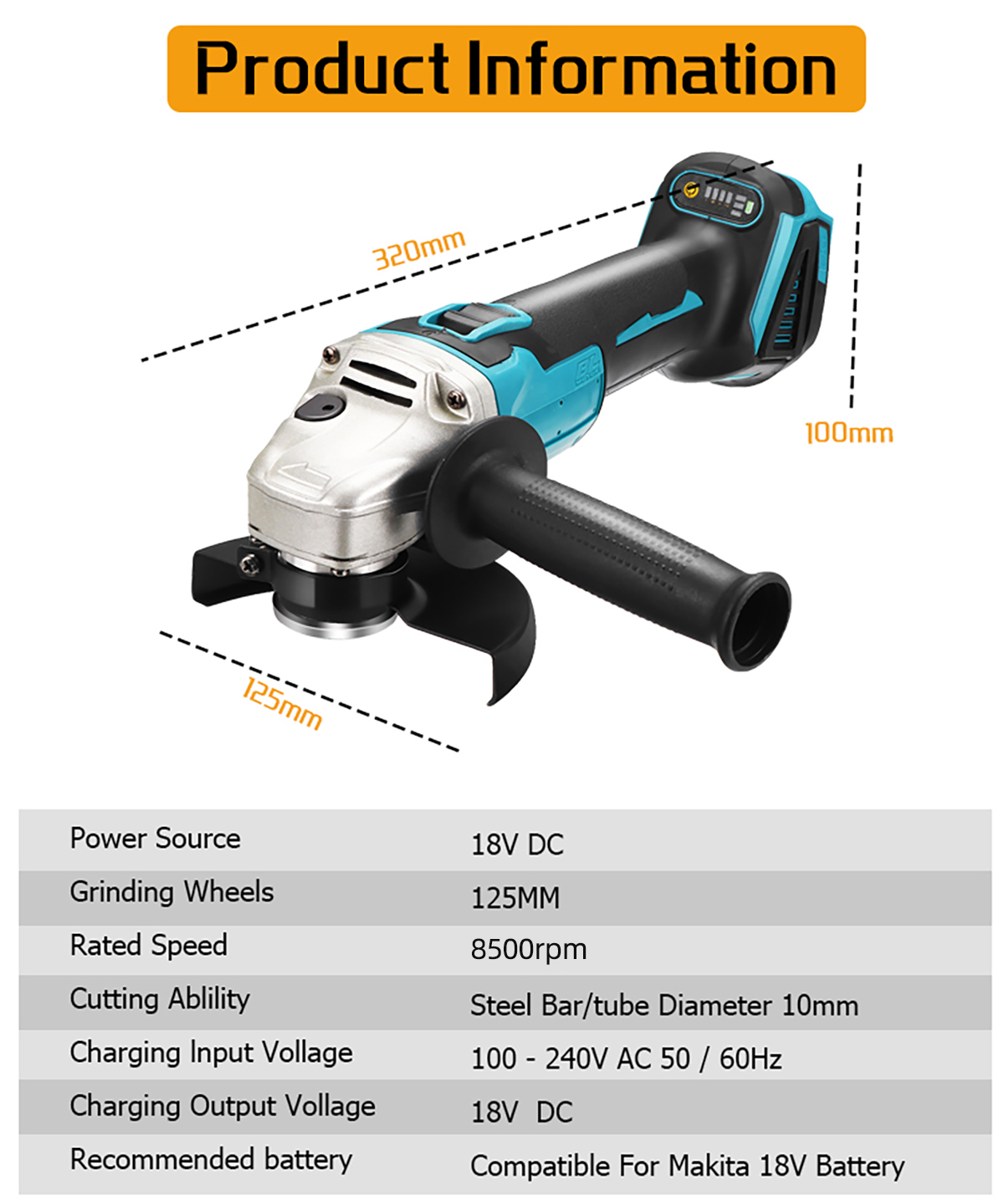 125MM Brushless Cordless Electric Angle Grinder Variable Speed Cutting Machine DIY Woodworking Power Tool for Makita 18V Battery