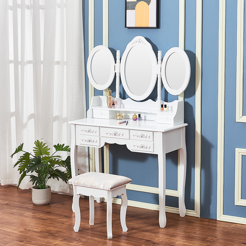 7 Drawers Retro Carved Dressing Table with Stool,Tri-Fold,Adjustable Makeup Mirrors,Europe Style Bedroom Furniture,Fast Shipping