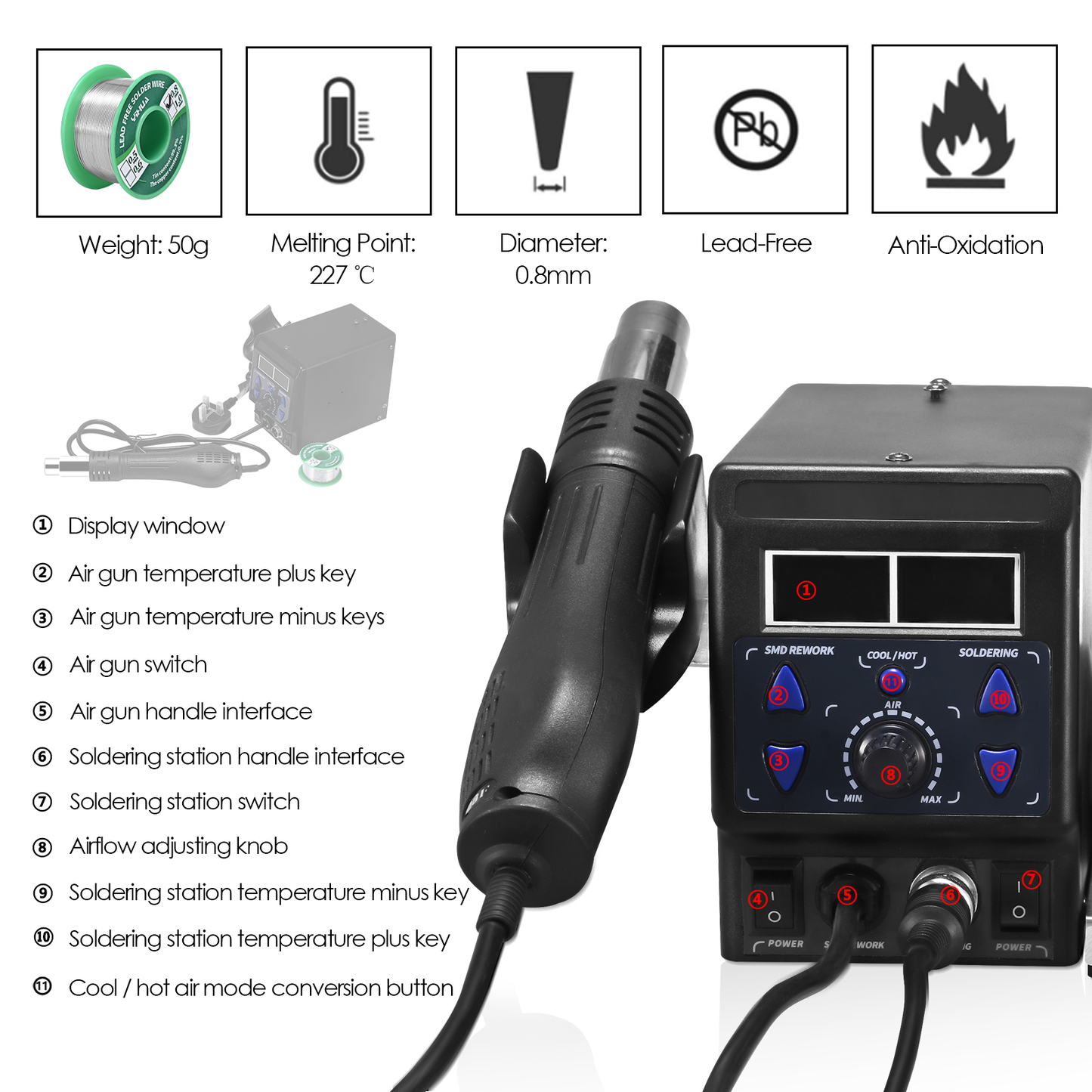 2 in 1 740W Hot Air Gun LCD Digital Display Welding Rework Station for Cell-Phone BGA SMD PCB IC Repair Solder Iron Hairdry