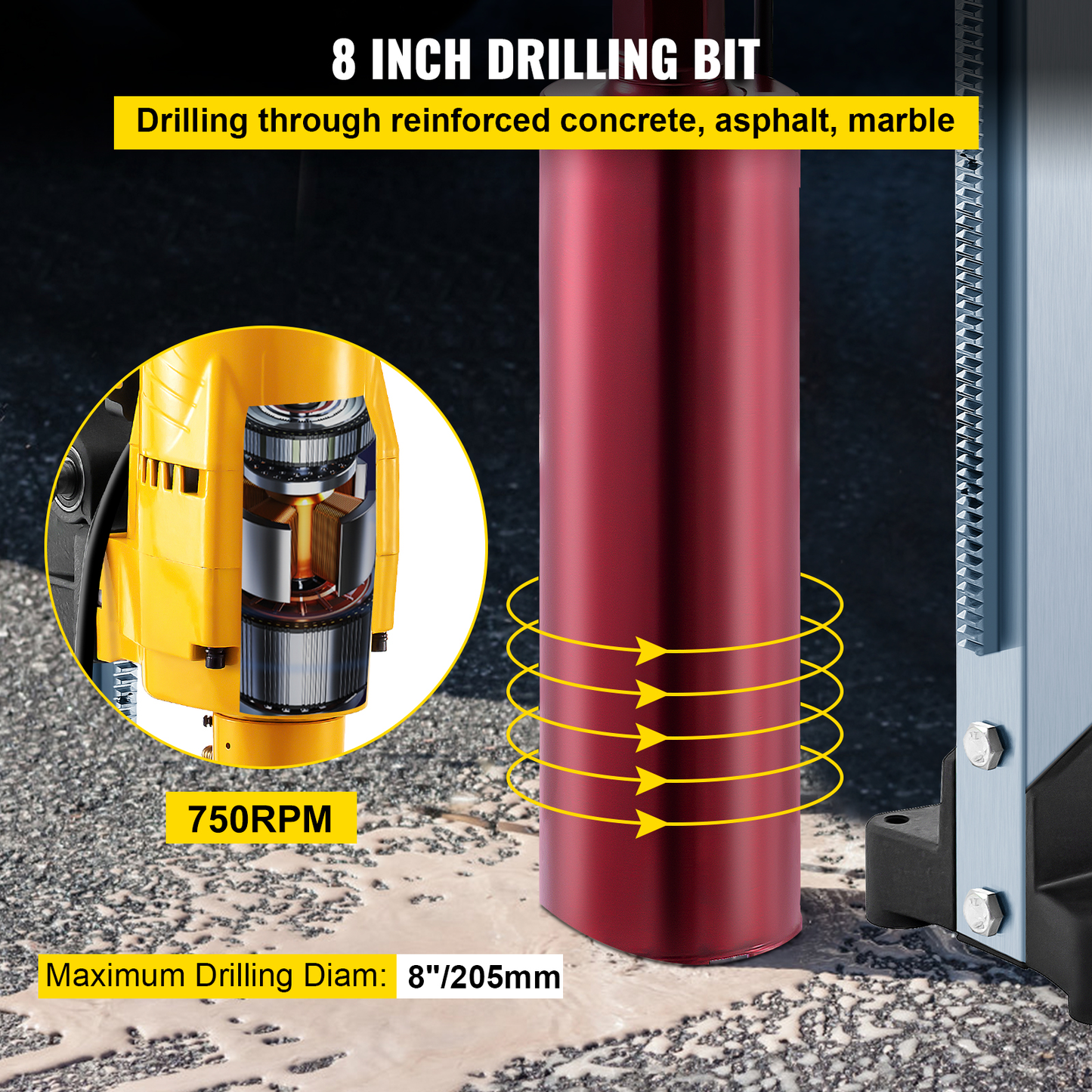 205Mm Diamond Core Drill Rig 3980W Wet Dry Handheld Concrete Drilling Machine Kit W/ Bits and Spanner for Installing Pipes