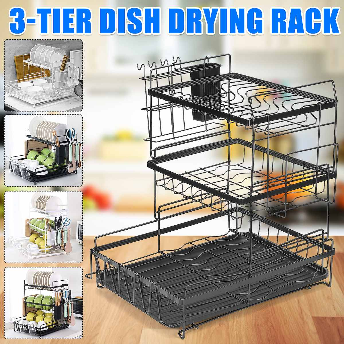 2/3 Tier Kitchen Storage Shelf Dish Drying Rack Holder with Drainboard Plate Cup Spoon Drainer Countertop Utensil Organizer