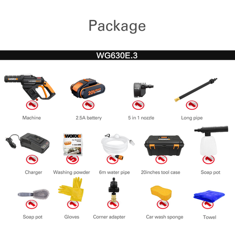 20V Brushless Hydroshot WG630E Crodless Car Washer Rechargeable High Pressure High Flow Spray Gun Portable Cleaner Washing