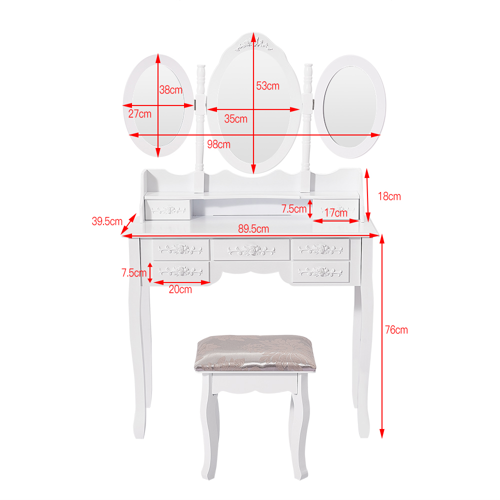 7 Drawers Retro Carved Dressing Table with Stool,Tri-Fold,Adjustable Makeup Mirrors,Europe Style Bedroom Furniture,Fast Shipping