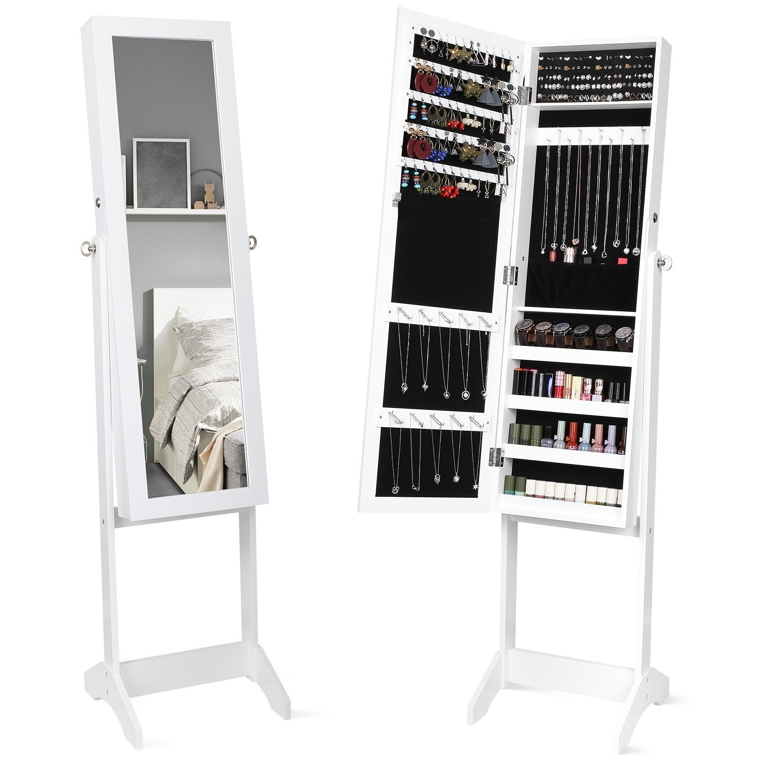 Free Floor Standing Full Mirror Jewellery Storage Cabinet Organiser White