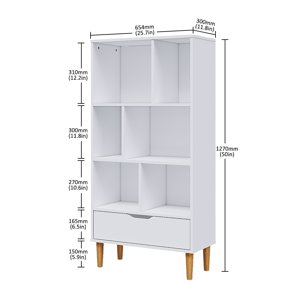 Living Room Bookcase Storage Cabinet Shelves Unit 6 Cube Bookshelf Freestanding with 1 Drawer Wooden Legs Display