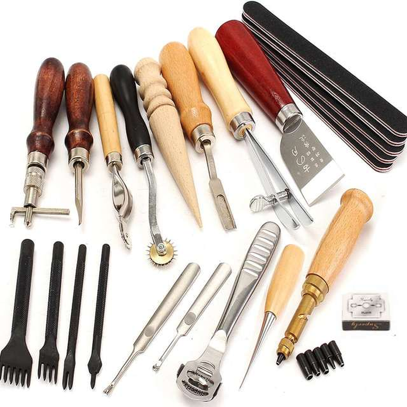 Kiwarm Professional 37/61/18Pcs Leather Craft Tools Kit Hand Sewing Stitching Punch Carving Work Saddle Leathercraft Accessories