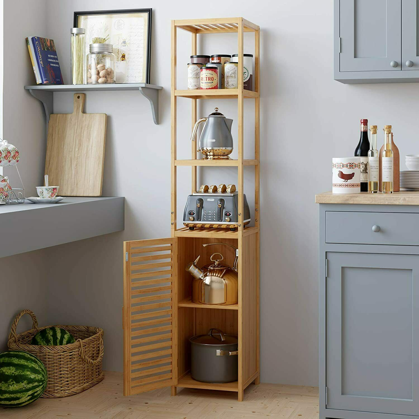 Bamboo Tall Cabinet Bathroom Storage Shelf with 3 Tiers Narrow Storage Cabinet Freestanding Shelves 1 Door Natural 33X33X169 Cm