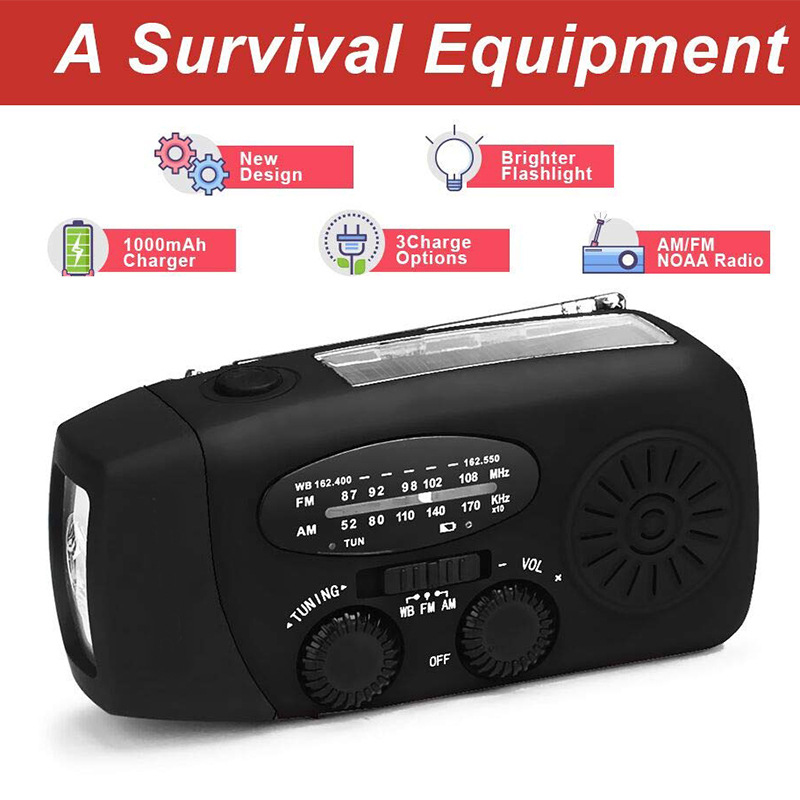 3 LED Lights Flashlight Hand Crank Radio 1000Mah Power Bank USB Charger Portable Solar Radio AM/FM NOAA Weather Radio