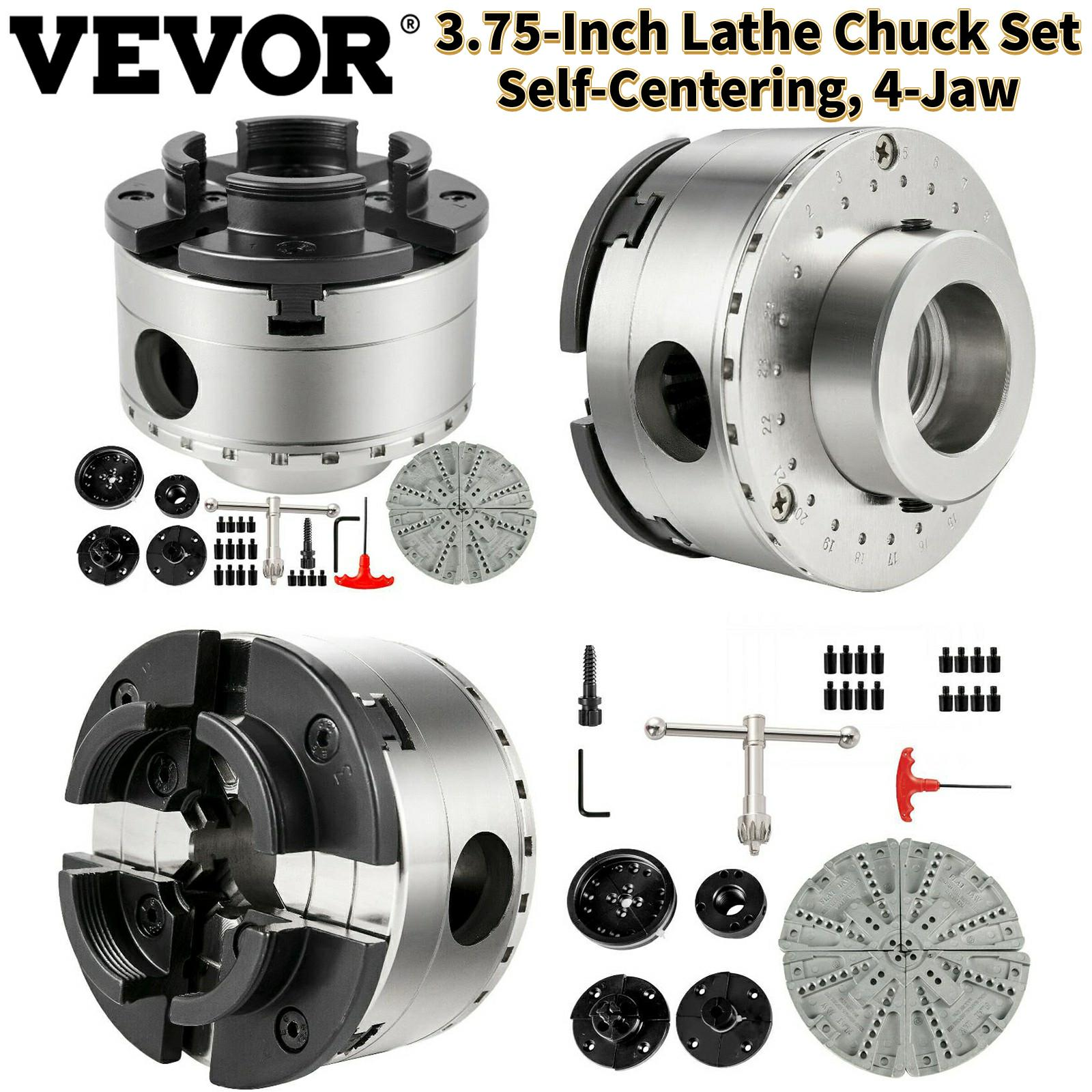 3.75 Inch 4 Jaws Lathe Chuck Set W/ Bevel Gear Screw Wrench Full Steel Body Durable Self-Centering for Woodworking Milling