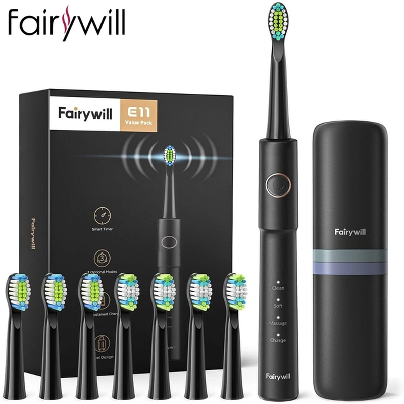 Fairywill Sonic Whitening Electric Toothbrush Rechargeable USB ADA Accepted Waterproof IPX7 Clean 4 Heads and 1 Travel Case