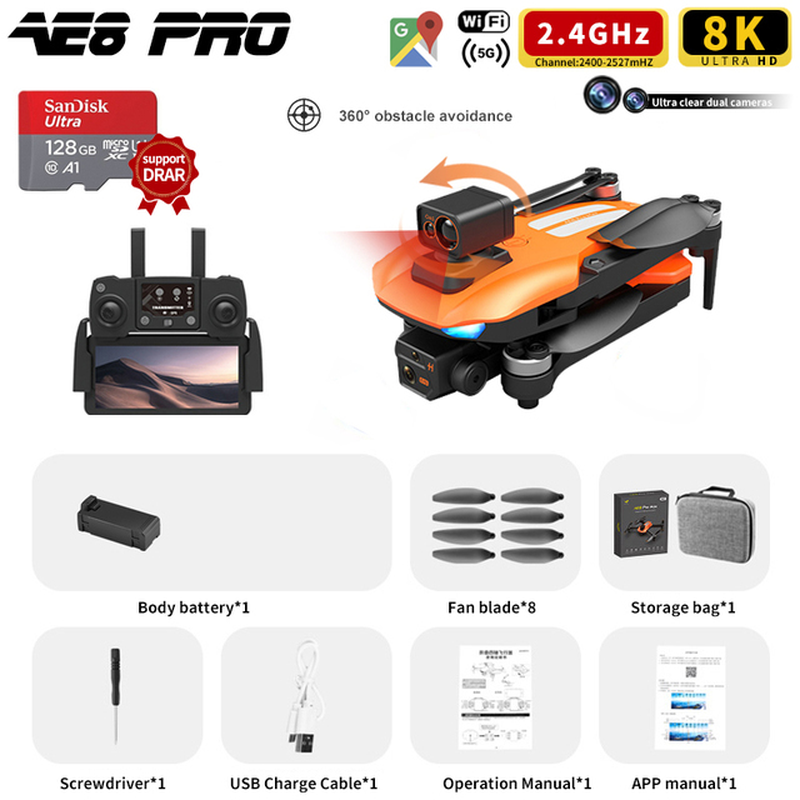 AE8 Pro Max Obstacle Avoidance Drone GPS Positioning Drone Brushless Motor Quadcopter 8K HD Aerial Photography RC Airplane Toy