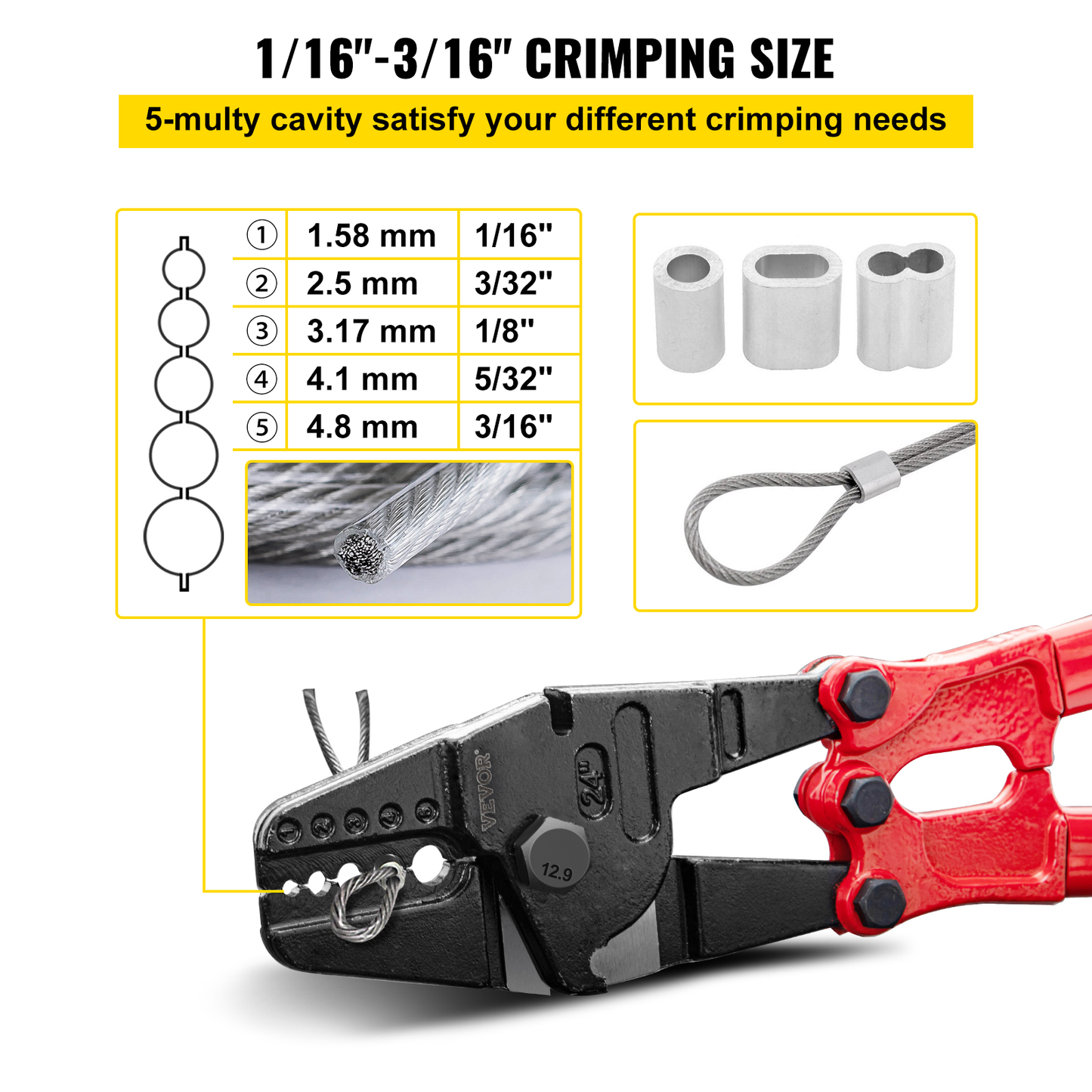 24/30Inch Wire Rope Swager Crimper Tool Insulated Handle Aluminum Copper Cable Fishing Dual Sleeves Cutter Crimping Pliers