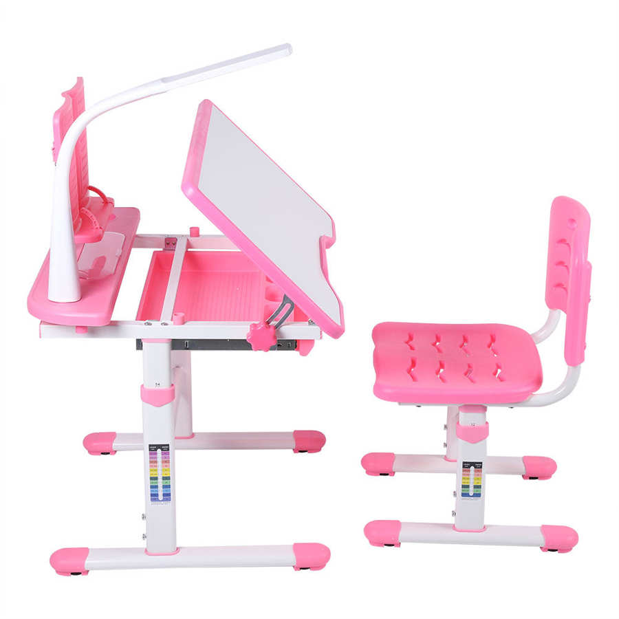 Pink Kids Study Desk Chair Set,Height Adjustable Study Table with Eye Protection Lamp Reading Stand for Boys Girls