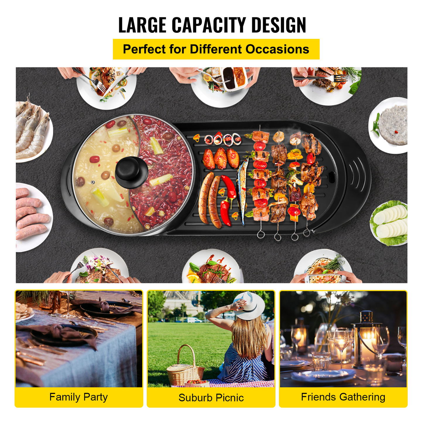 2 in 1 Electric BBQ Pan Grill Hot Pot Portable Smokeless Durable Material Fast Even Heated for Shellfish Vegetables Home