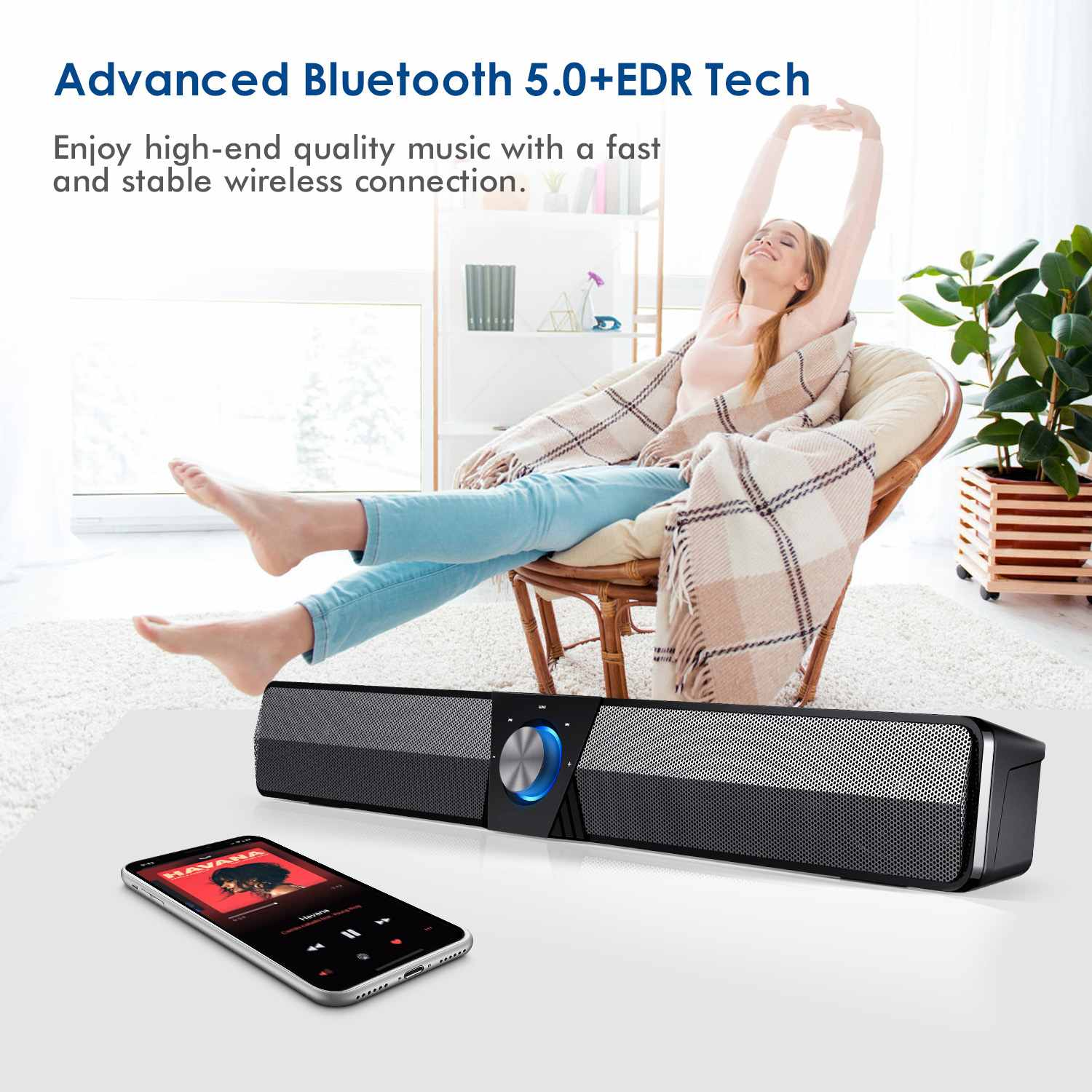 SR500 20W Portable Wireless Computer Speakers Home Theater Sound System Soundbar Music Player BT5.0 AUX Input 1800Mah