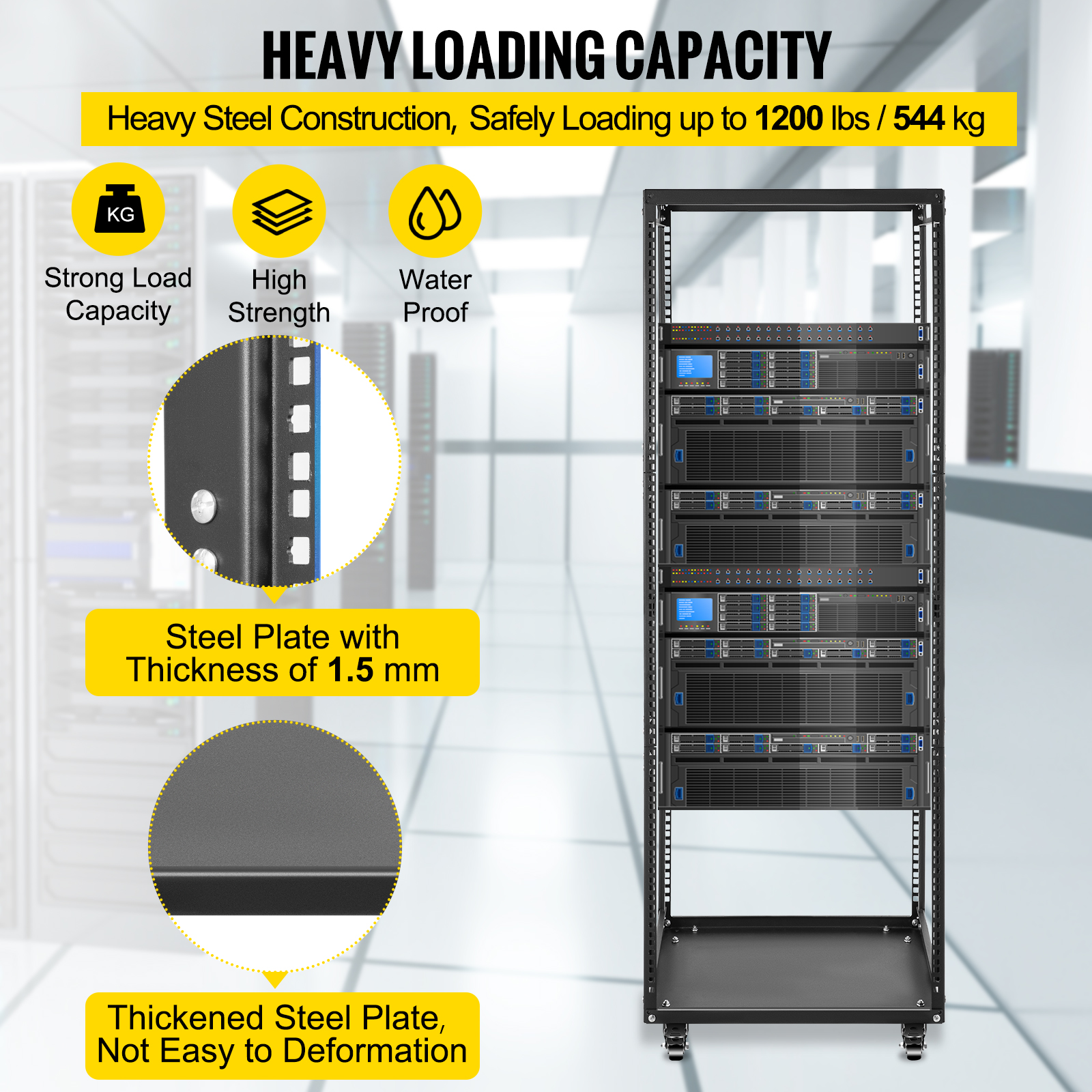 Open Frame 4-Post Network Server Rack 25 U Design Cold-Rolled Steel Rack 1200 LBS Load Capacity with 4 Casters for Server