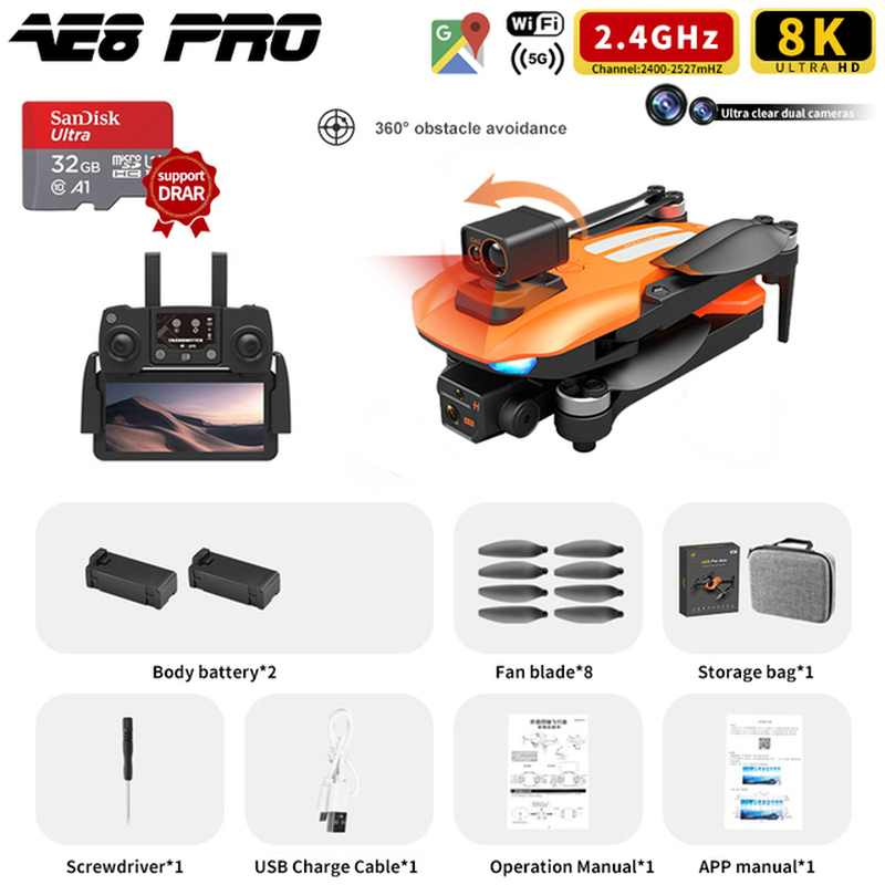 AE8 Pro Max Obstacle Avoidance Drone GPS Positioning Drone Brushless Motor Quadcopter 8K HD Aerial Photography RC Airplane Toy