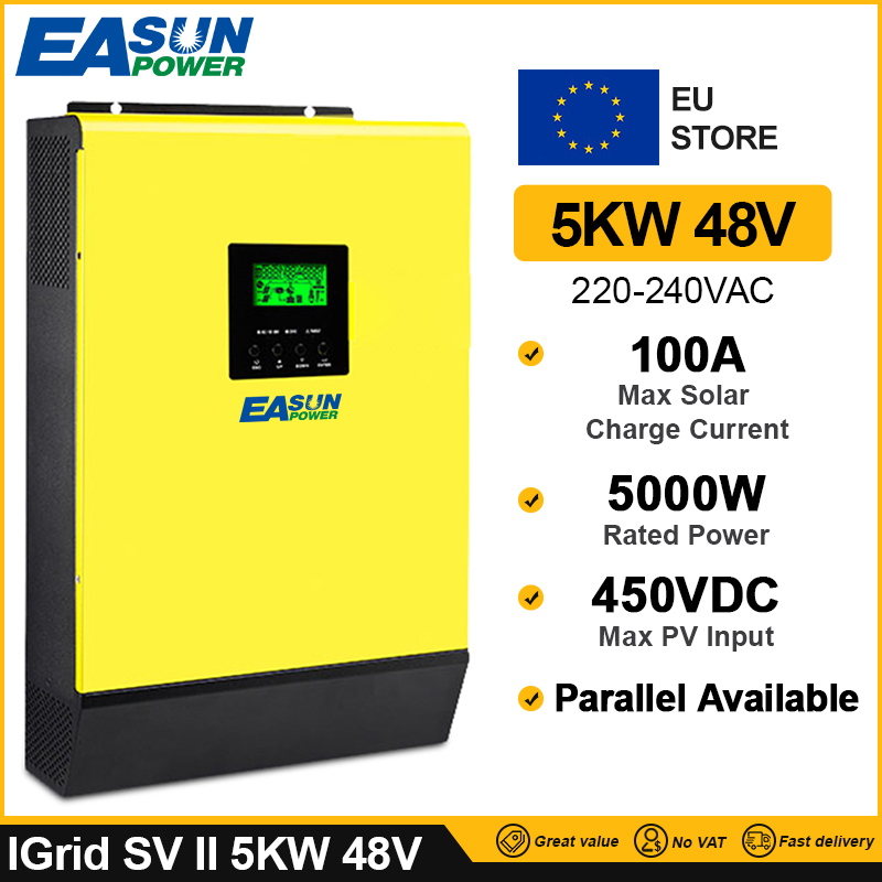 5000W Hybrid Solar Power Inverter 48V 230Vac Grid Tied + off Grid 100A MPPT Solar Charger 450Vdc PV Input