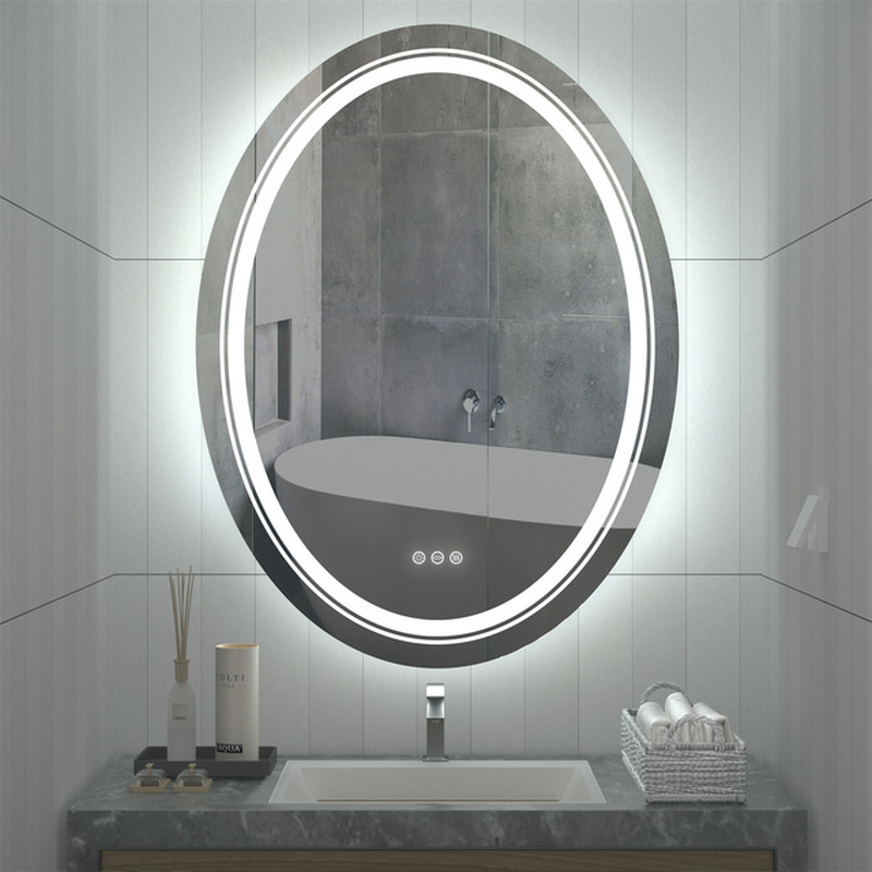 Oval LED Bathroom Mirror Dimmable Light Wall Mounted Makeup Mirror with Demist Illuminated Vanity Mirror