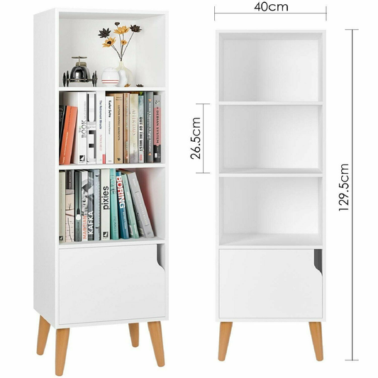 Bookshelf Storage Unit 4 Cubes Wooden Free Standing Cabinet Display Shelves Organize with Door Legs White for Home and Office