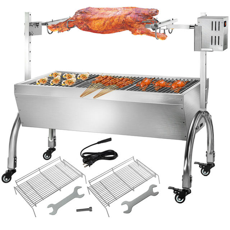 60KG / 132LBS Electric Roaster Grill 2 in 1 BBQ Rotisserie Grill W/ Lockable Wheels for Roasting Sheep, Turkey, Beef, Fish