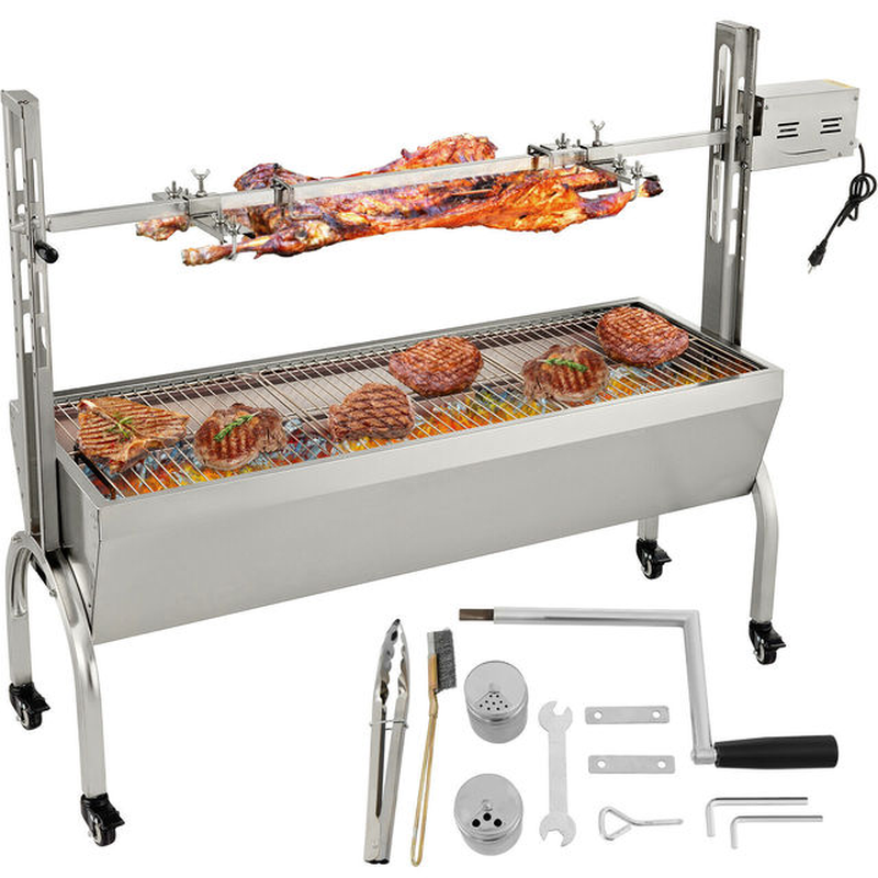 60KG / 132LBS Electric Roaster Grill 2 in 1 BBQ Rotisserie Grill W/ Lockable Wheels for Roasting Sheep, Turkey, Beef, Fish