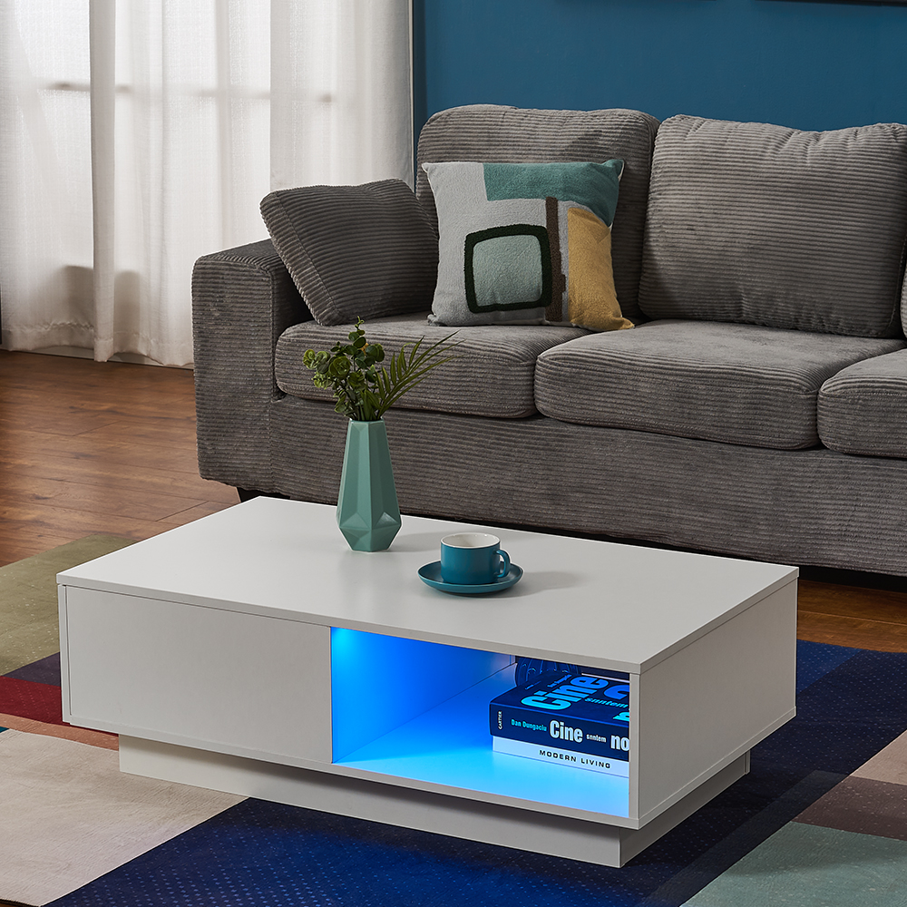 Coffee Table Rectangle Living Room Storage with RGB LED + Large Drawer for Livingroom Sofa Table White / Black Color