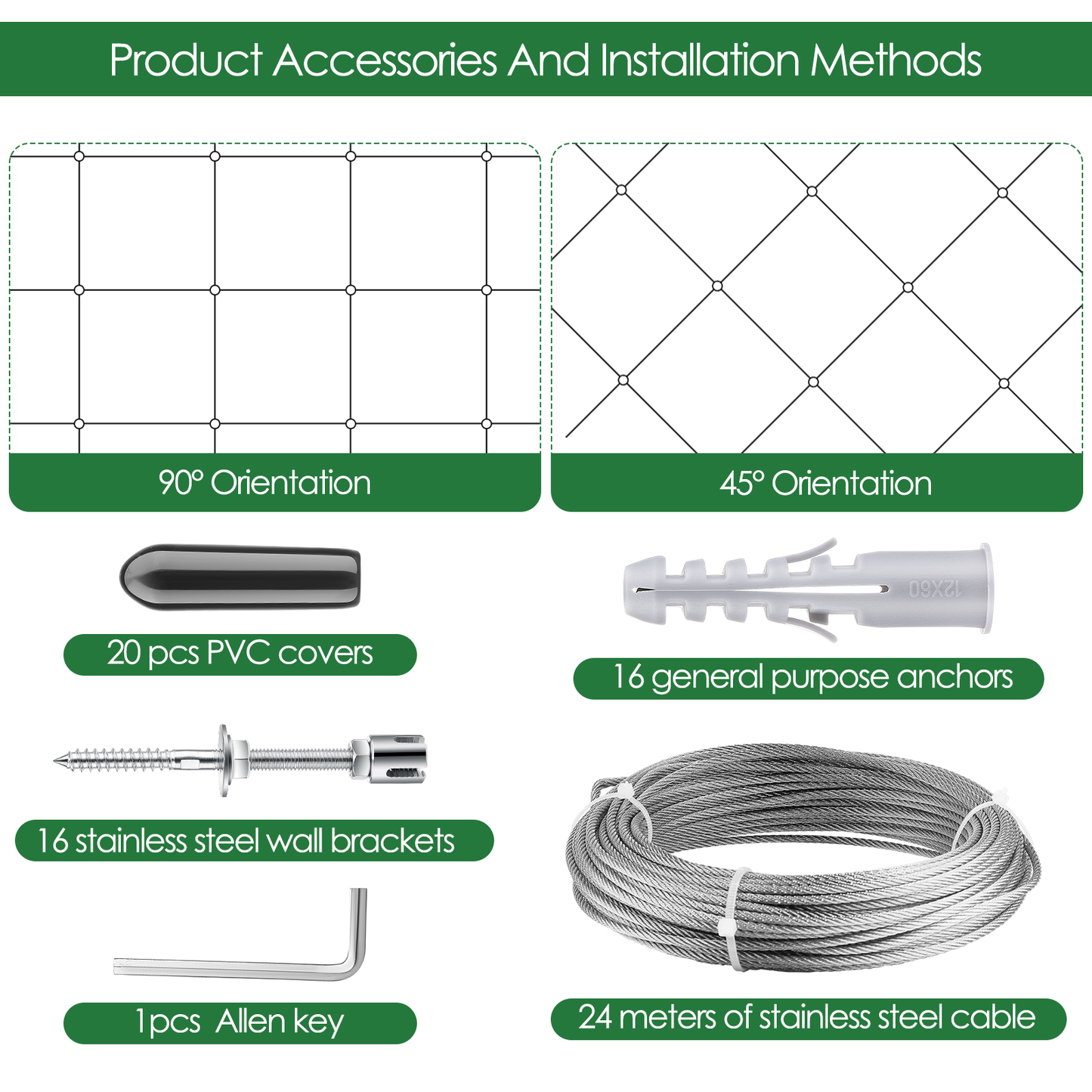 Plant Support,T316 Stainless Steel Trellis for Climbing Plants, Professional System with Wall Brackets 16Holders, 24 M Rope