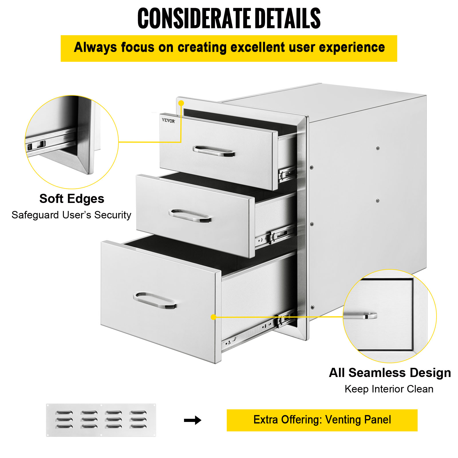 VEVOR Stainless Steel Outdoor Kitchen Drawer with Handle Triple Layer for BBQ Island Grilling Cabinet Storing Cookware Tableware