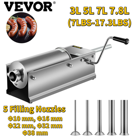 3L 5L 7L 7.8L Manual Sausage Stuffer Filler W/ 5 Nozzles Stainless Steel Filling Production Machine for Hot Dog Bratwurst