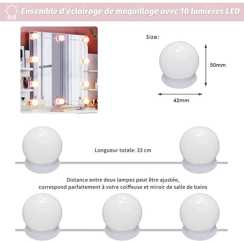 Dressing Table Organiser Set with 2 Drawers Makeup Dressing Desk Mirror with RGB LED Lights for Bedroom