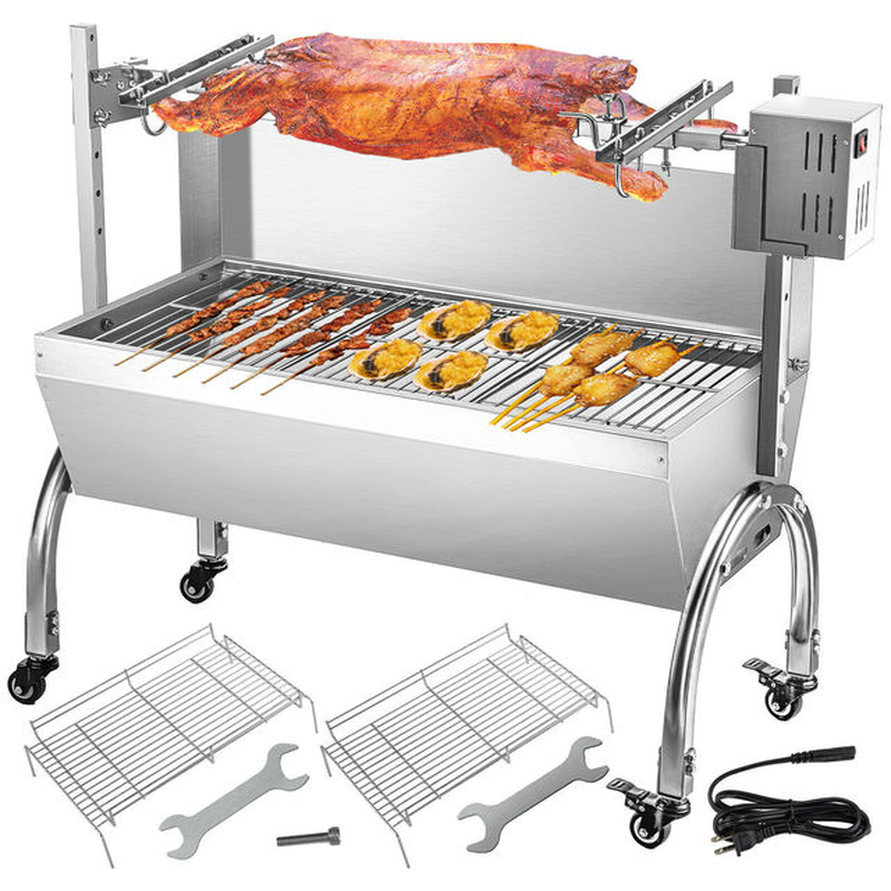 60KG / 132LBS Electric Roaster Grill 2 in 1 BBQ Rotisserie Grill W/ Lockable Wheels for Roasting Sheep, Turkey, Beef, Fish