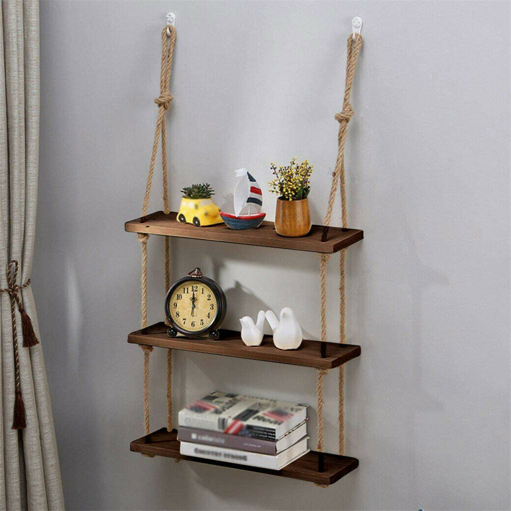 3 Tiers Rustic Wooden Wall Hanging Rope Shelf Mounted Floating Storage Unit Home