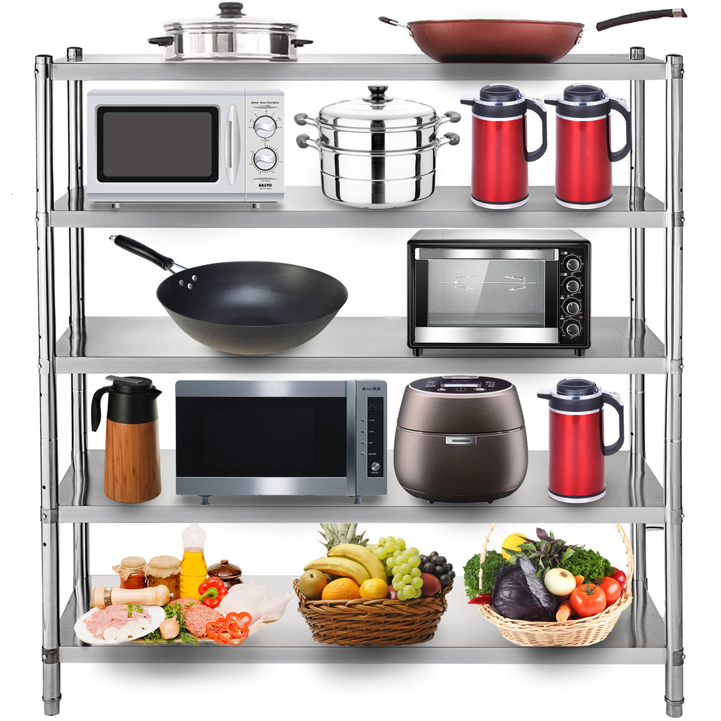 Commercial Storage Shelf Warehouse Rack Stainless Steel 4-Tier 5-Tier for Kitchen Living Room Garage Storing Kitchenware