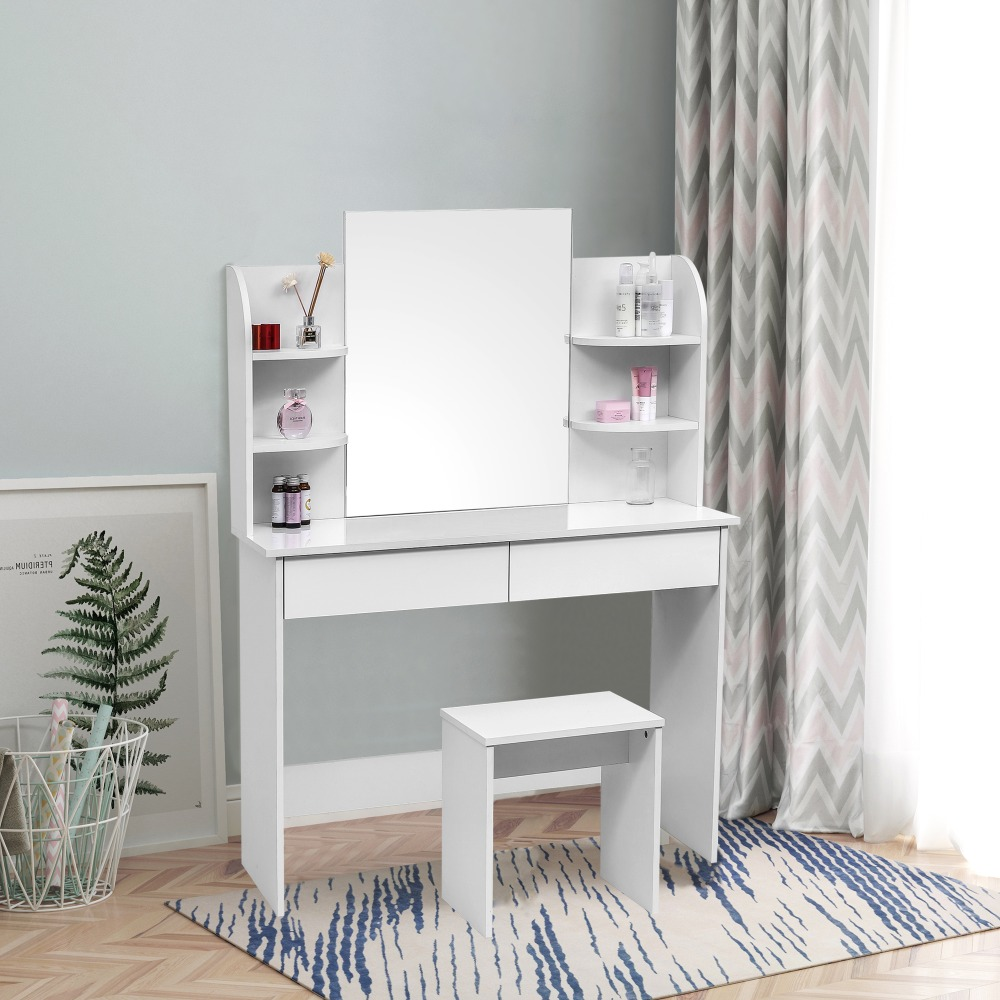 Modern Dressing Table Set Cosmetic Table with Mirror 2 Drawers 4 Shelves for Home Bedroom 108X42X142Cm