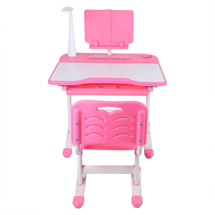 Pink Kids Study Desk Chair Set,Height Adjustable Study Table with Eye Protection Lamp Reading Stand for Boys Girls