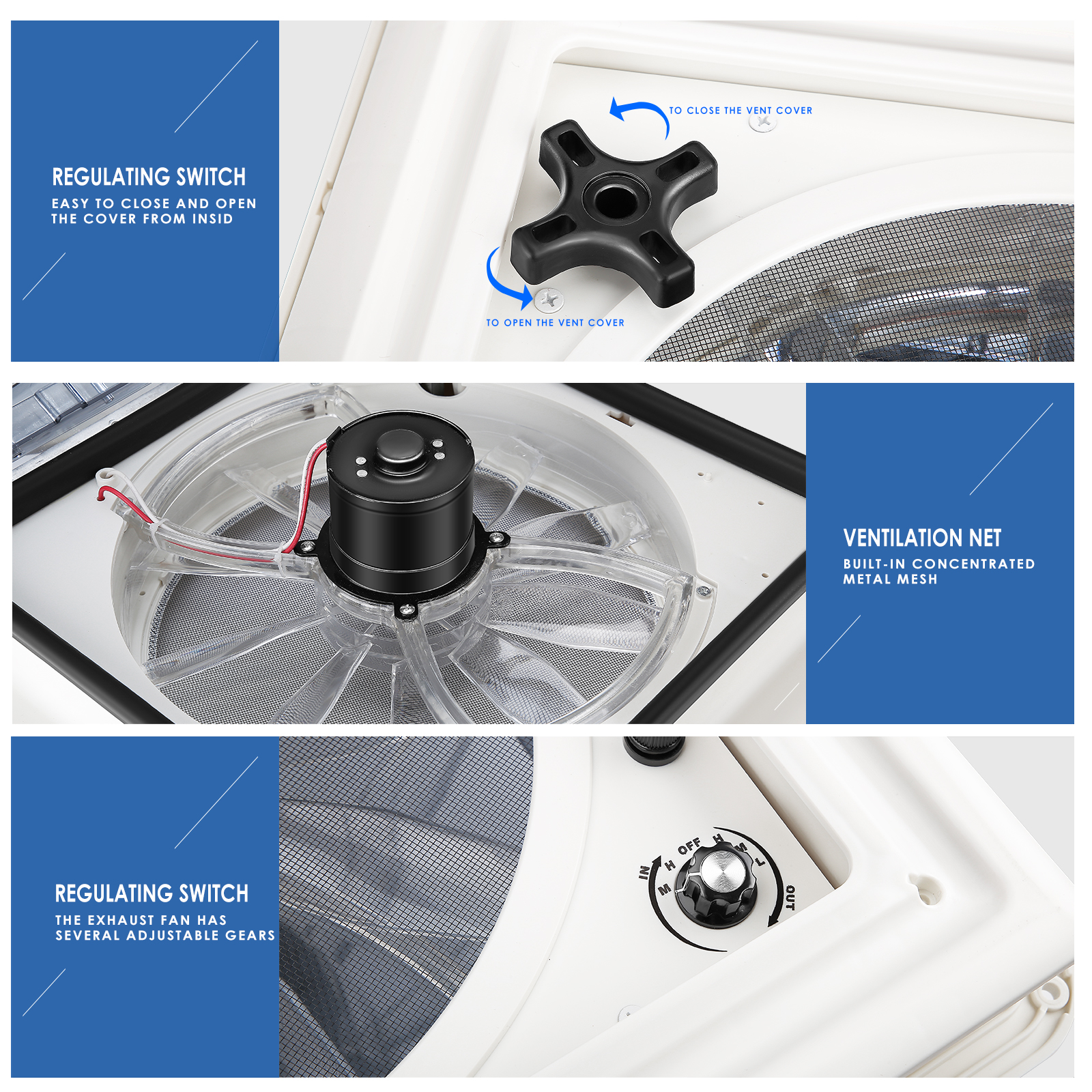 EU Stock18W RV Roof Ventilation Fan Manual RV Ventilating Fan 12V Bidirectional Exhaust Fan for RV with 3-Speed Inlet and Outlet