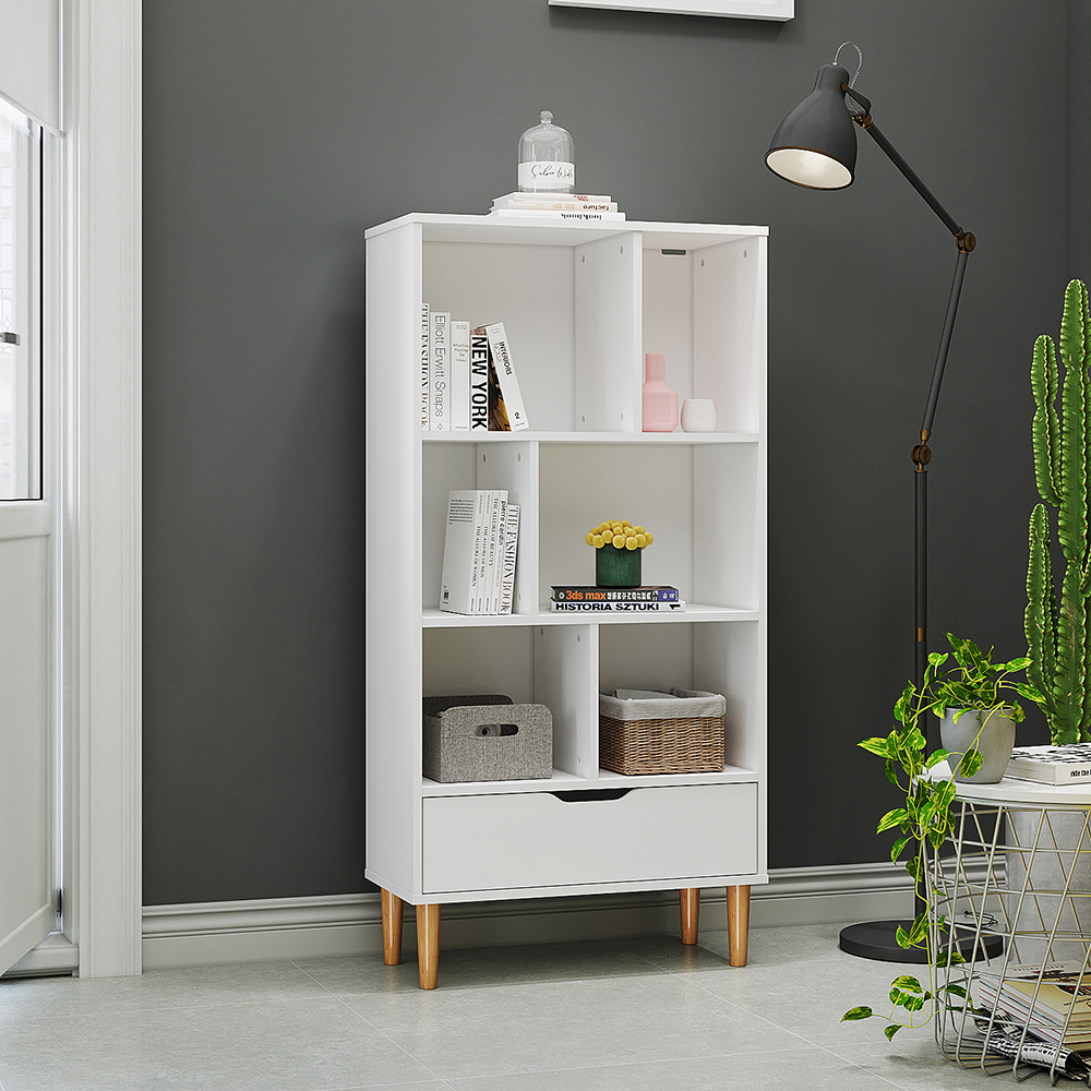 Living Room Bookcase Storage Cabinet Shelves Unit 6 Cube Bookshelf Freestanding with 1 Drawer Wooden Legs Display