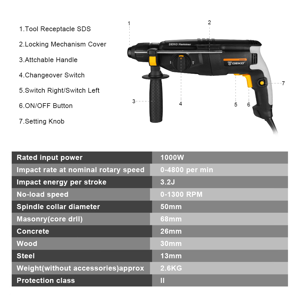 DKRH26H2/DKRH20H3/GJ181 Multifunctional Rotary Hammer with Bmc&6Pcs Accessories Electric Demolition Hammer Impact Drill