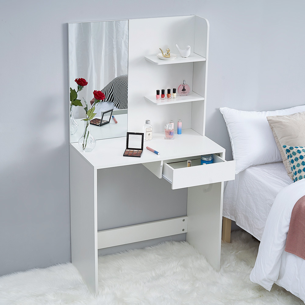 White Wooden Dressing Table Set with Large Mirror and 2 Tier Open Shelf Modern Vanity Makeup Writing Desk Bedroom