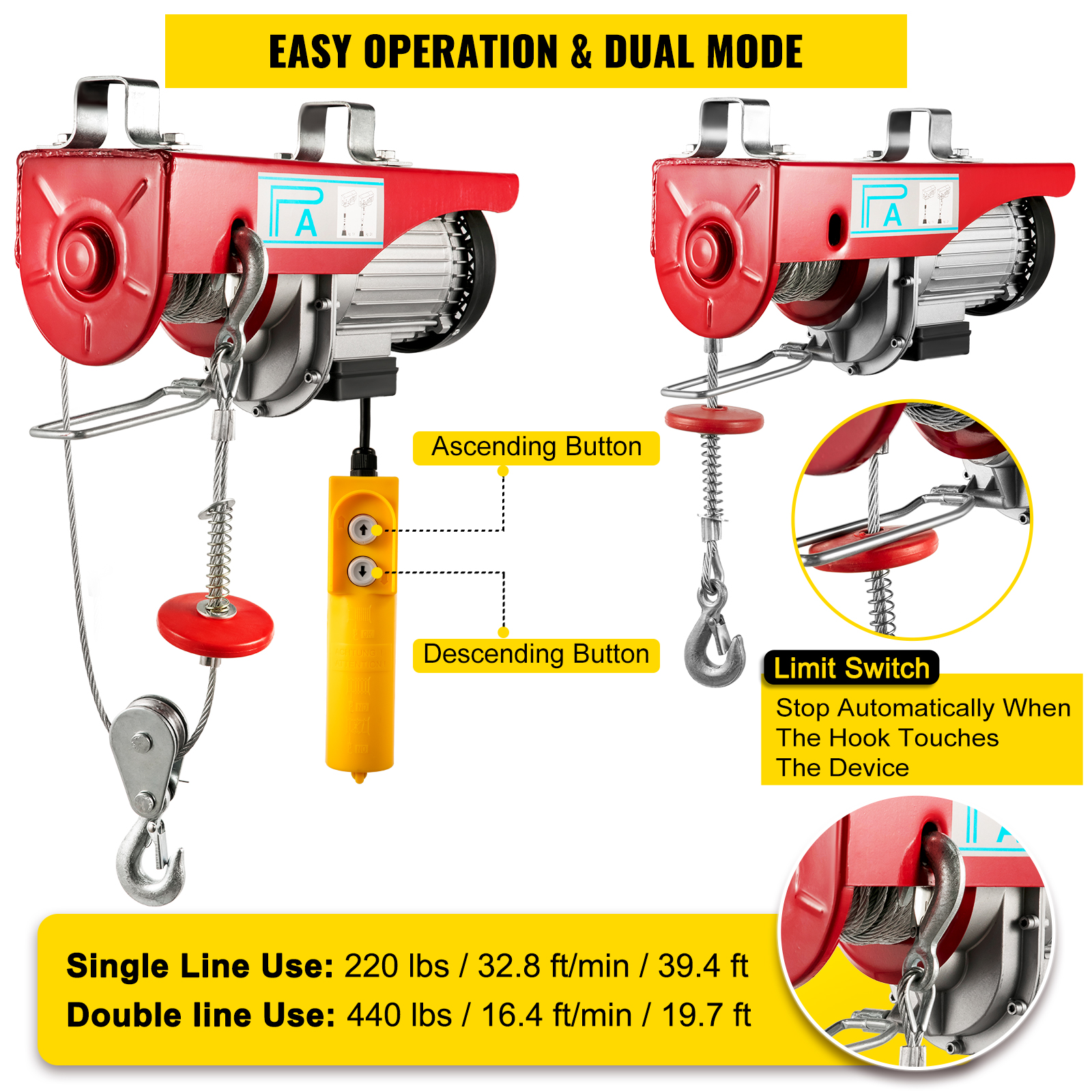 440 Lbs 200 Kg Electric Hoist Crane New Portable Lifter Overhead Garage Winch with Wired Remote Control and Limit Switch